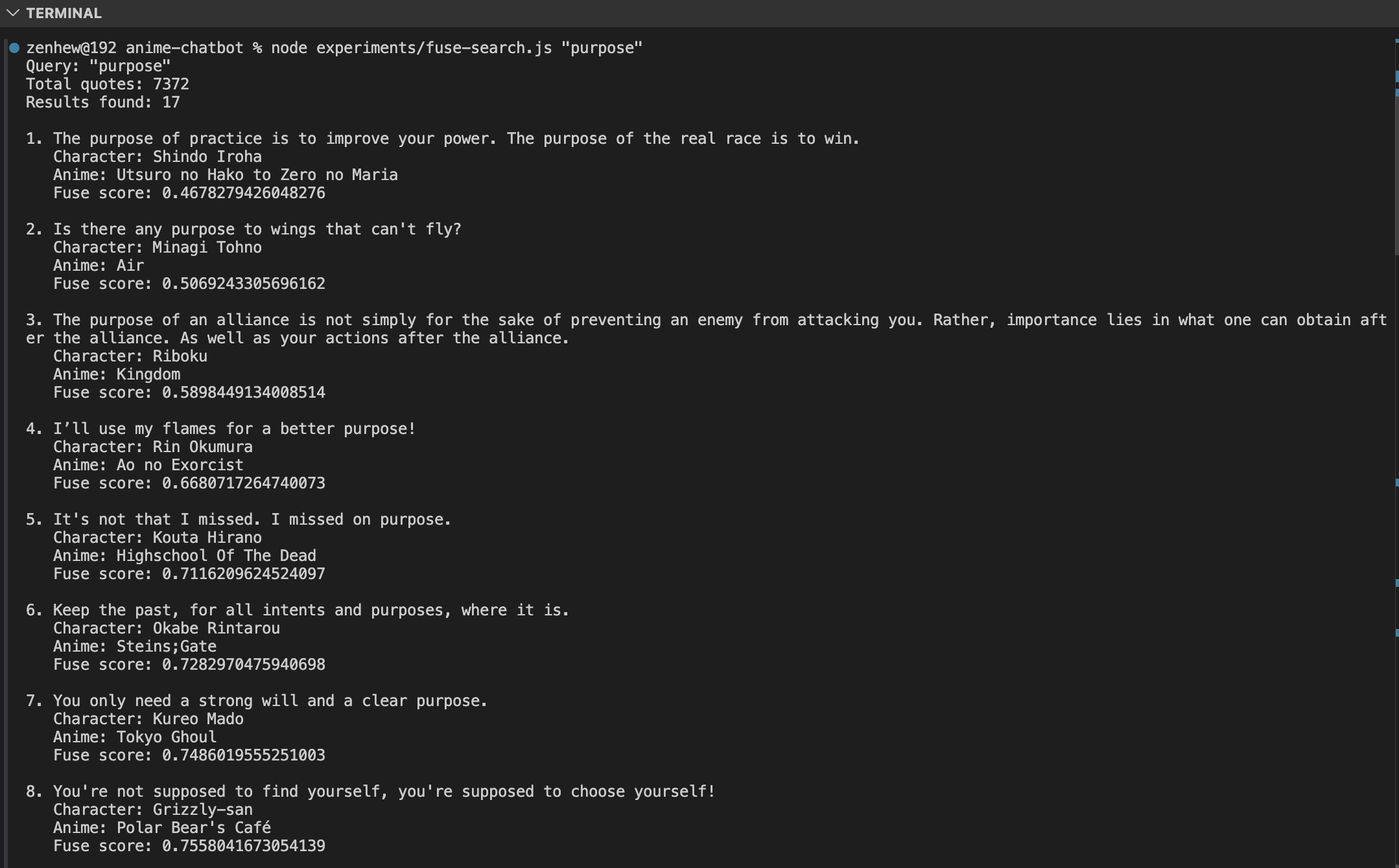 Fuse.js search result