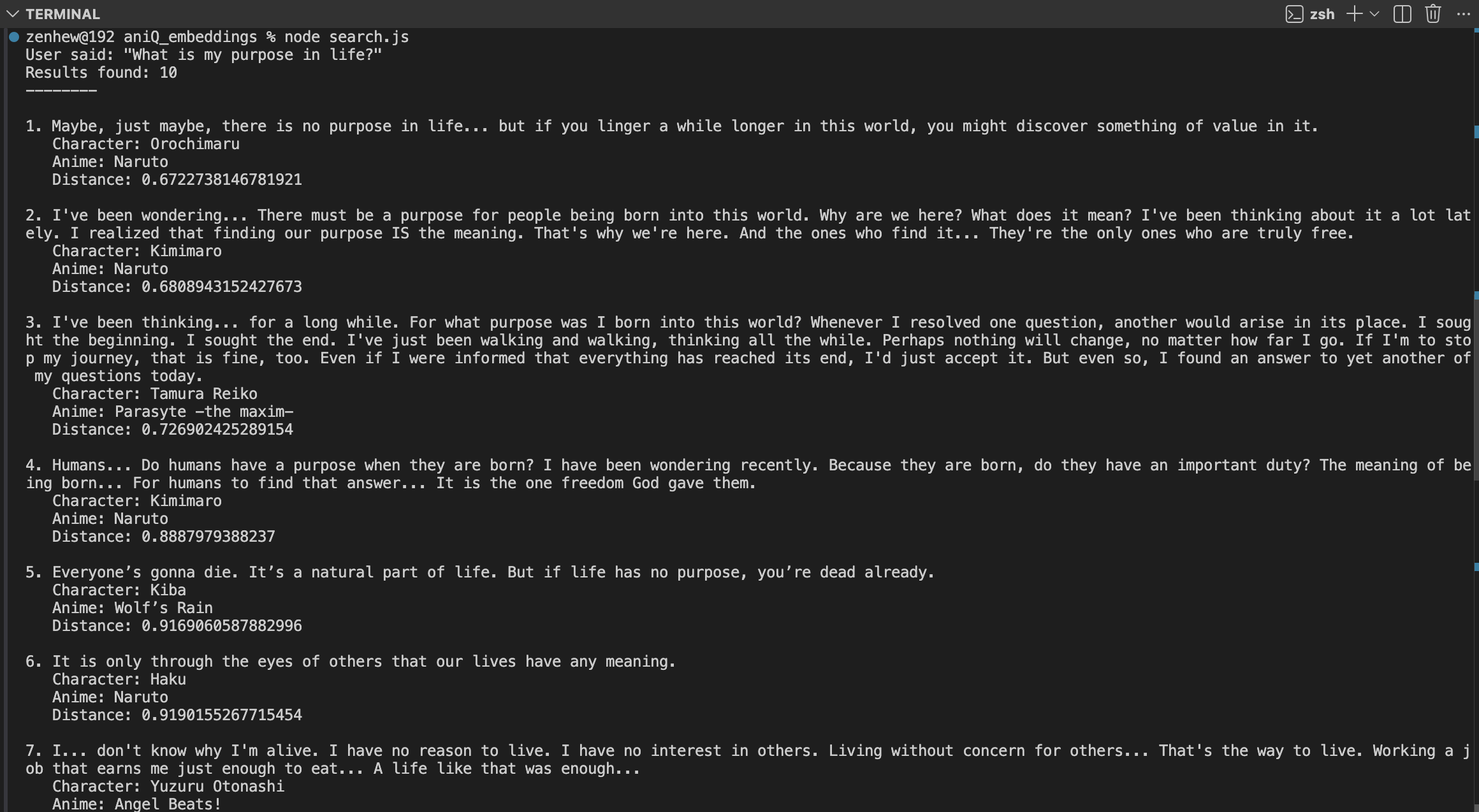 MiniLM semantic search result